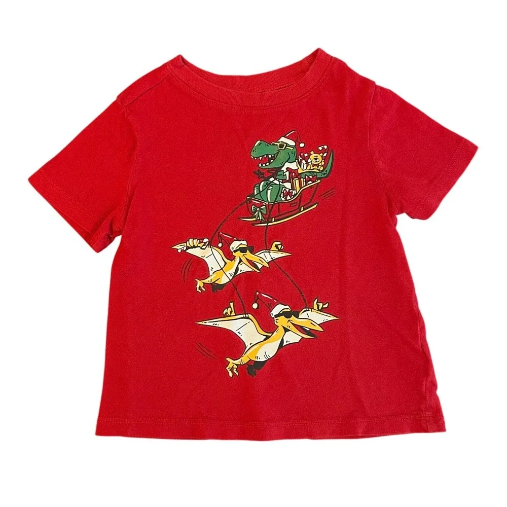 Old Navy Toddler Boys Red Christmas Dinosaur T-Rex Sleigh Graphic TShirt 2T 1604